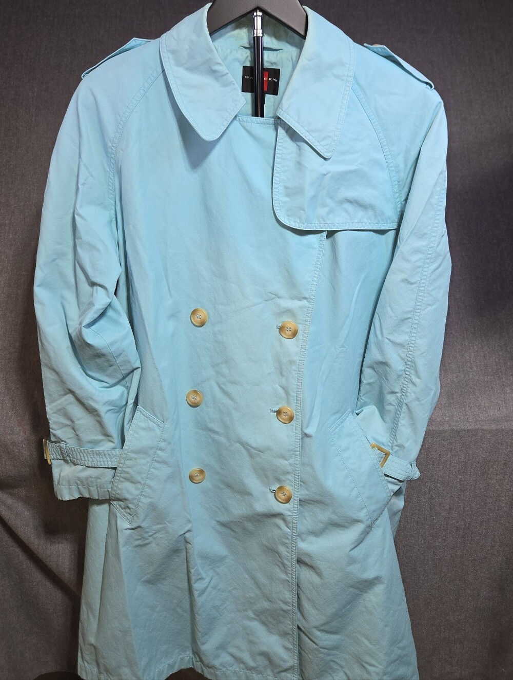 Vintage Gallery Womens Large Aqua Blue Double Breasted Trench Raincoat Coat